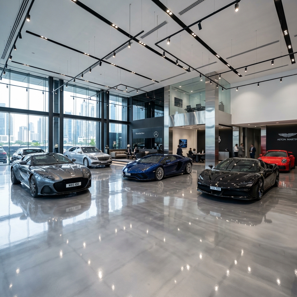 Luxury dealership showroom with high-gloss epoxy floor