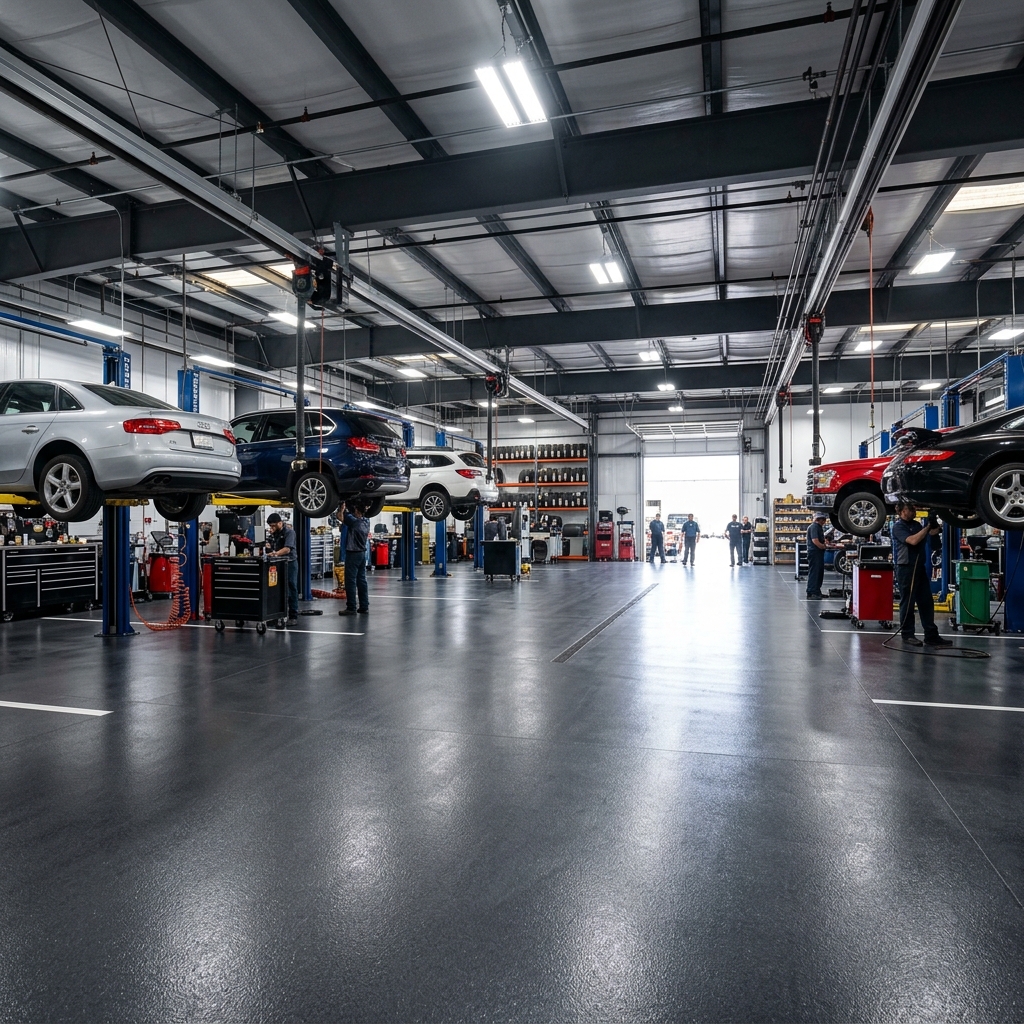 Auto repair shop with chemical-resistant floor coating