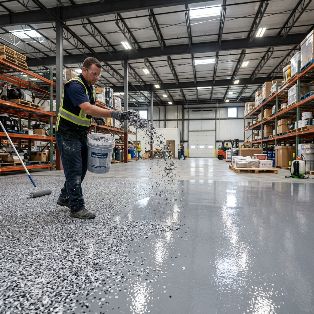 Epoxy and flake floor coating in a commercial garage