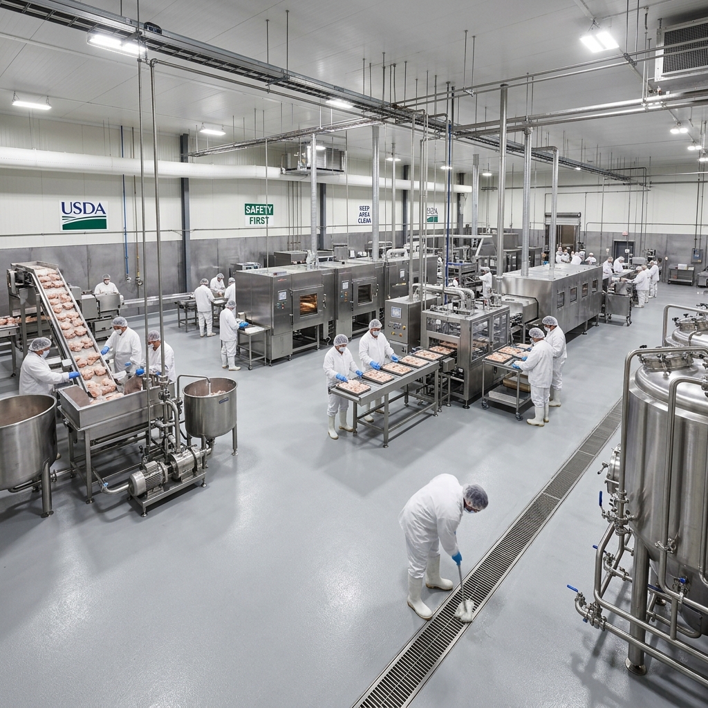 Food processing facility with antimicrobial urethane mortar floor