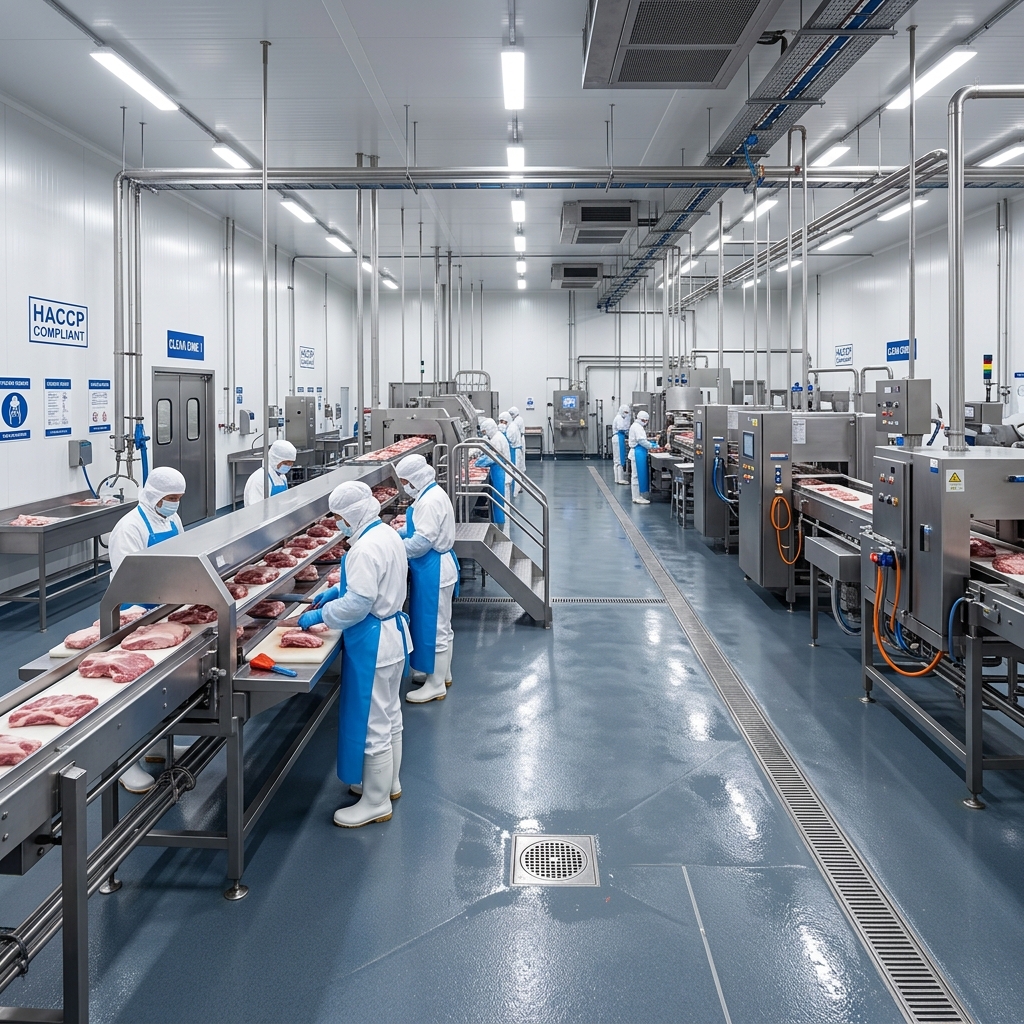 Meat processing plant with HACCP-compliant floor coating