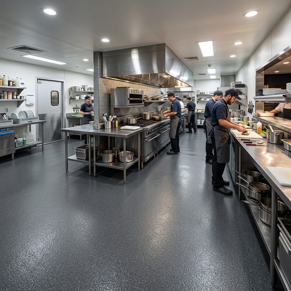 Commercial kitchen with slip-resistant epoxy floor