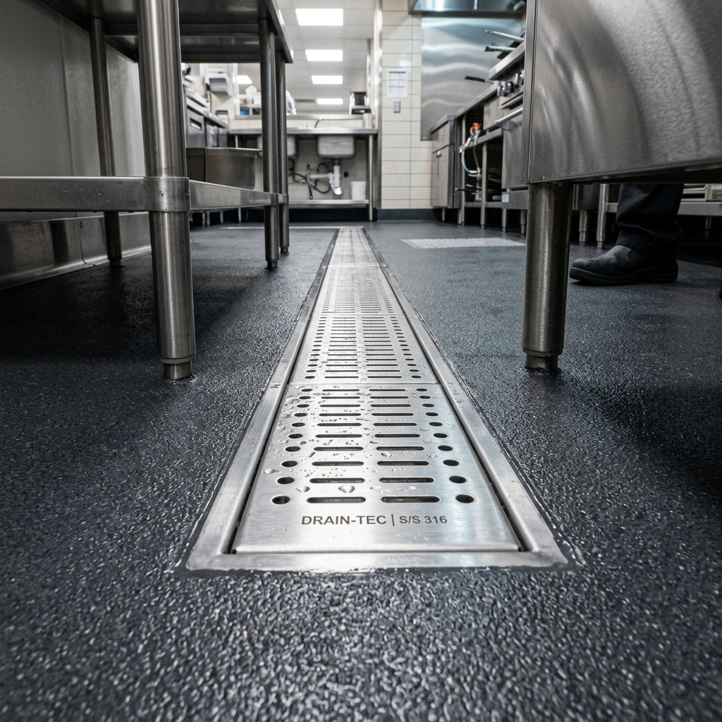 Kitchen floor drain detail with dark charcoal epoxy coating