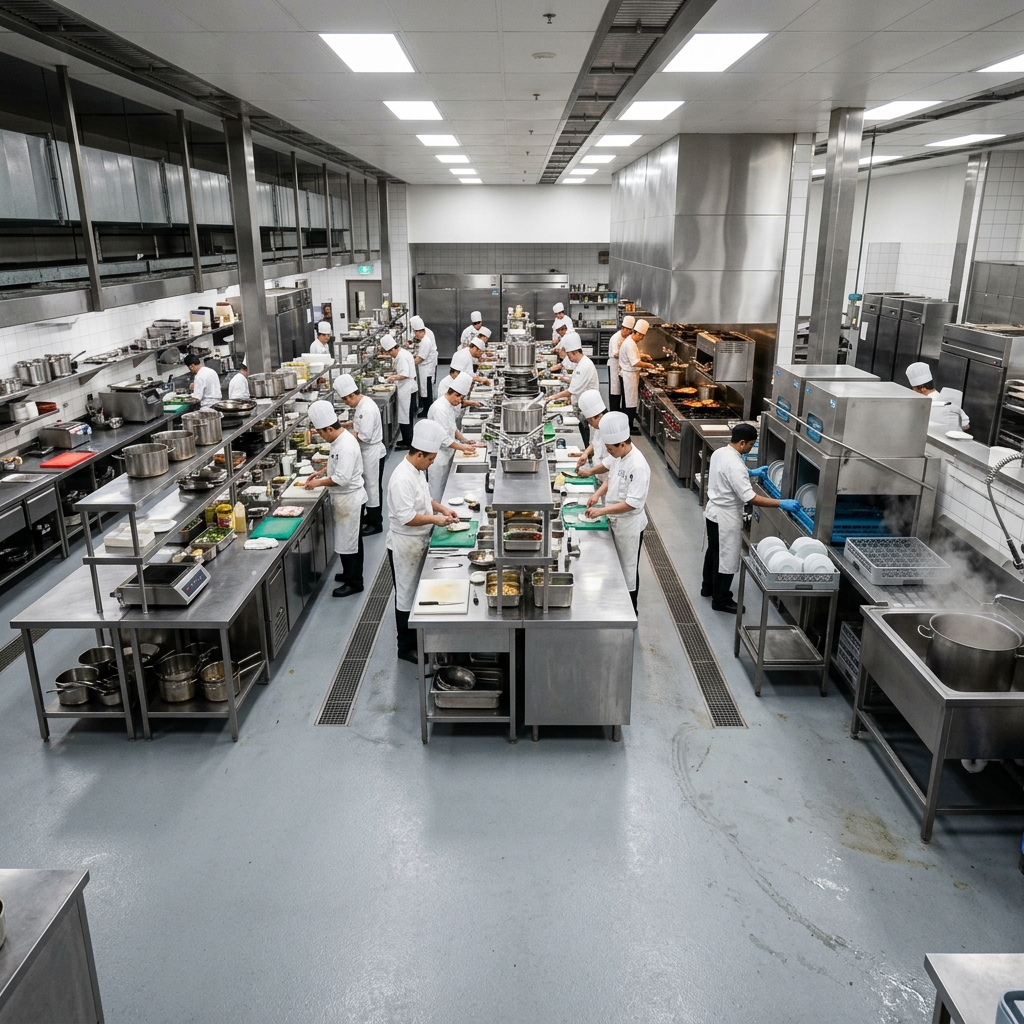 Hotel banquet kitchen with seamless coated concrete floor