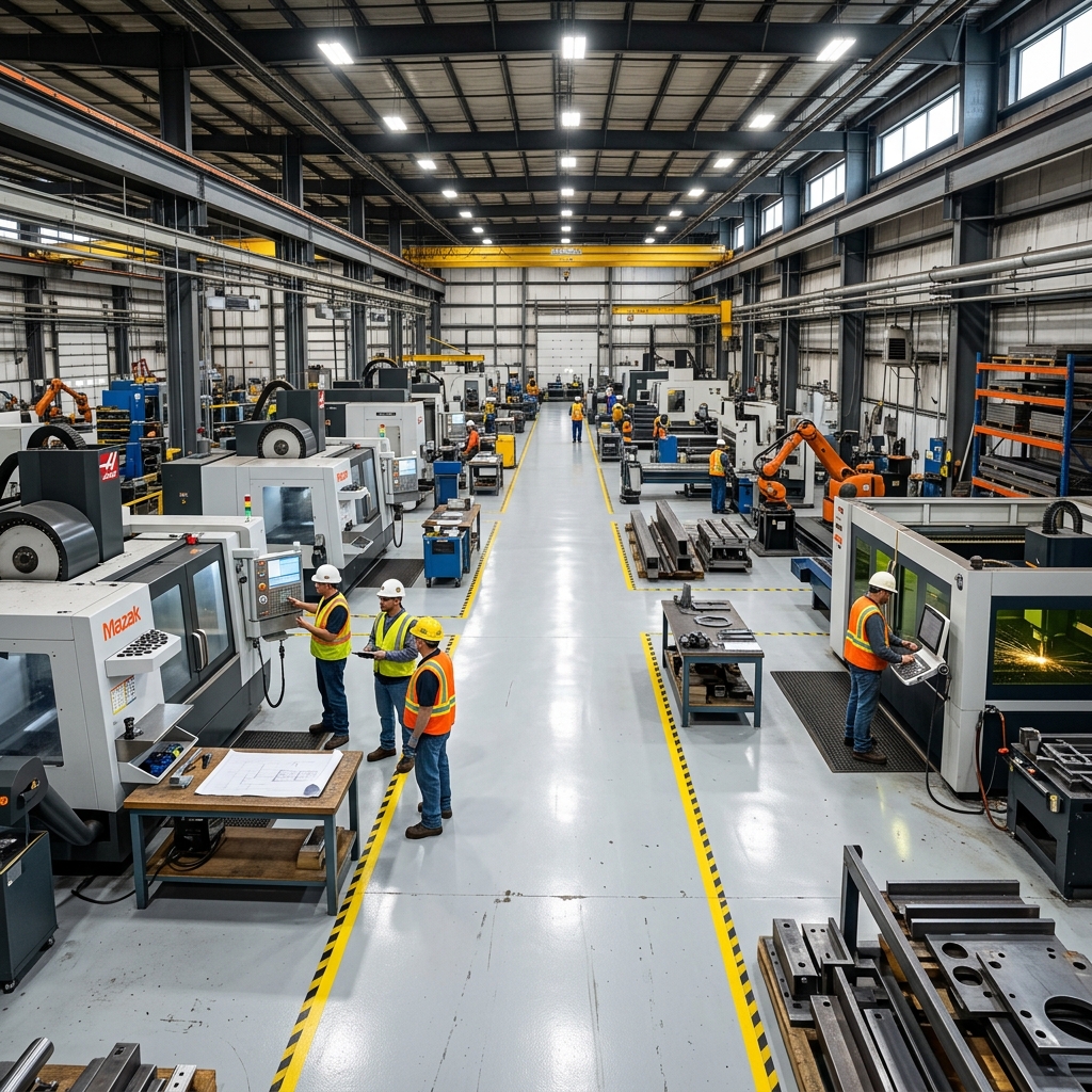 Manufacturing plant with CNC machines and safety-marked floor