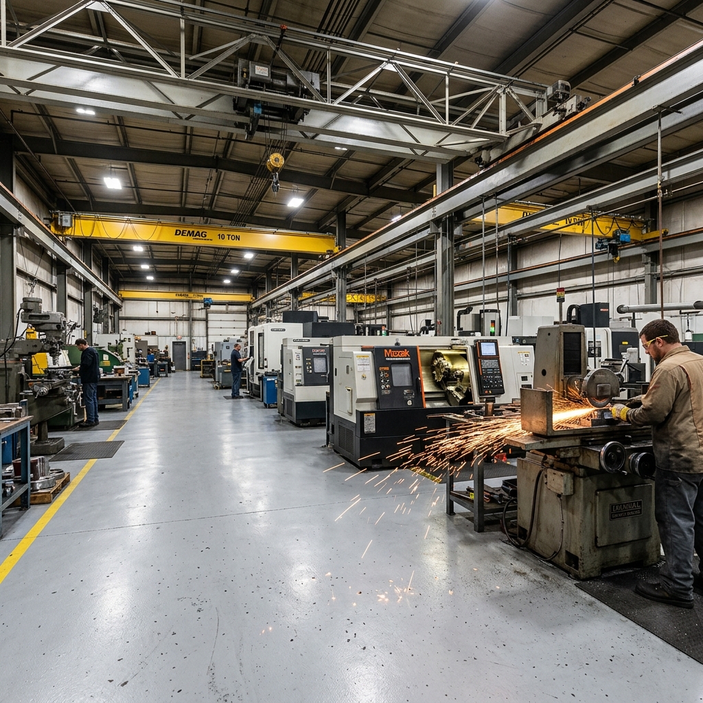 Machine shop floor with industrial coating and overhead cranes