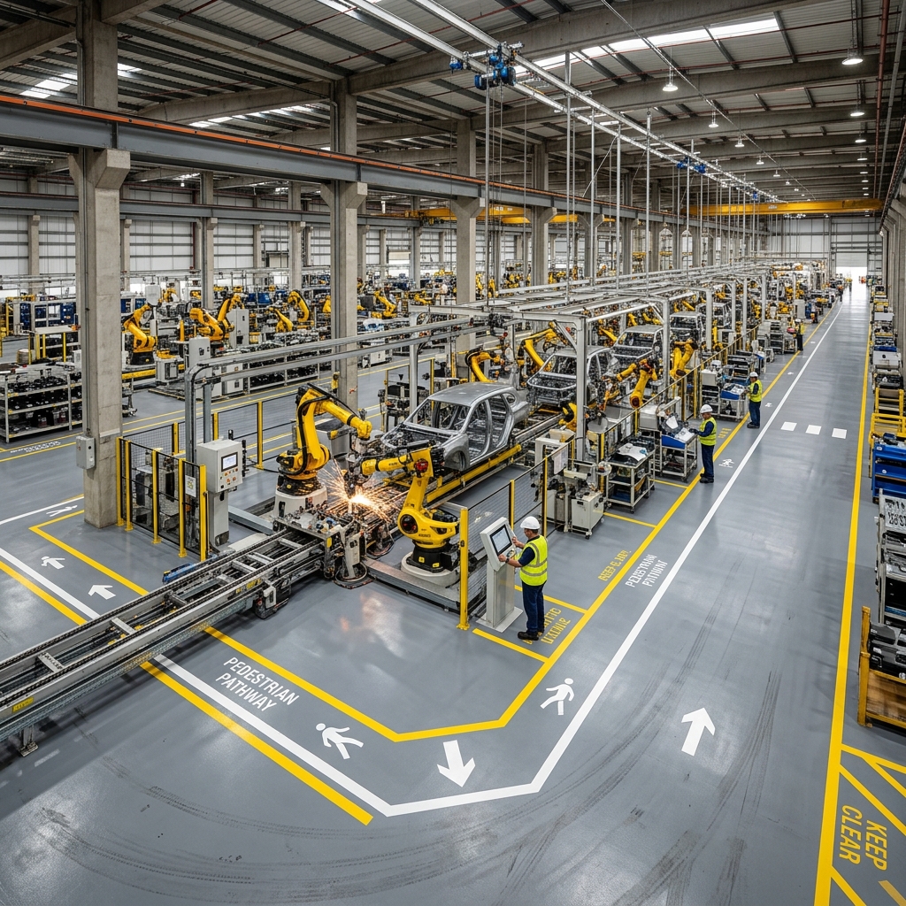 Automotive assembly line floor with painted safety markings