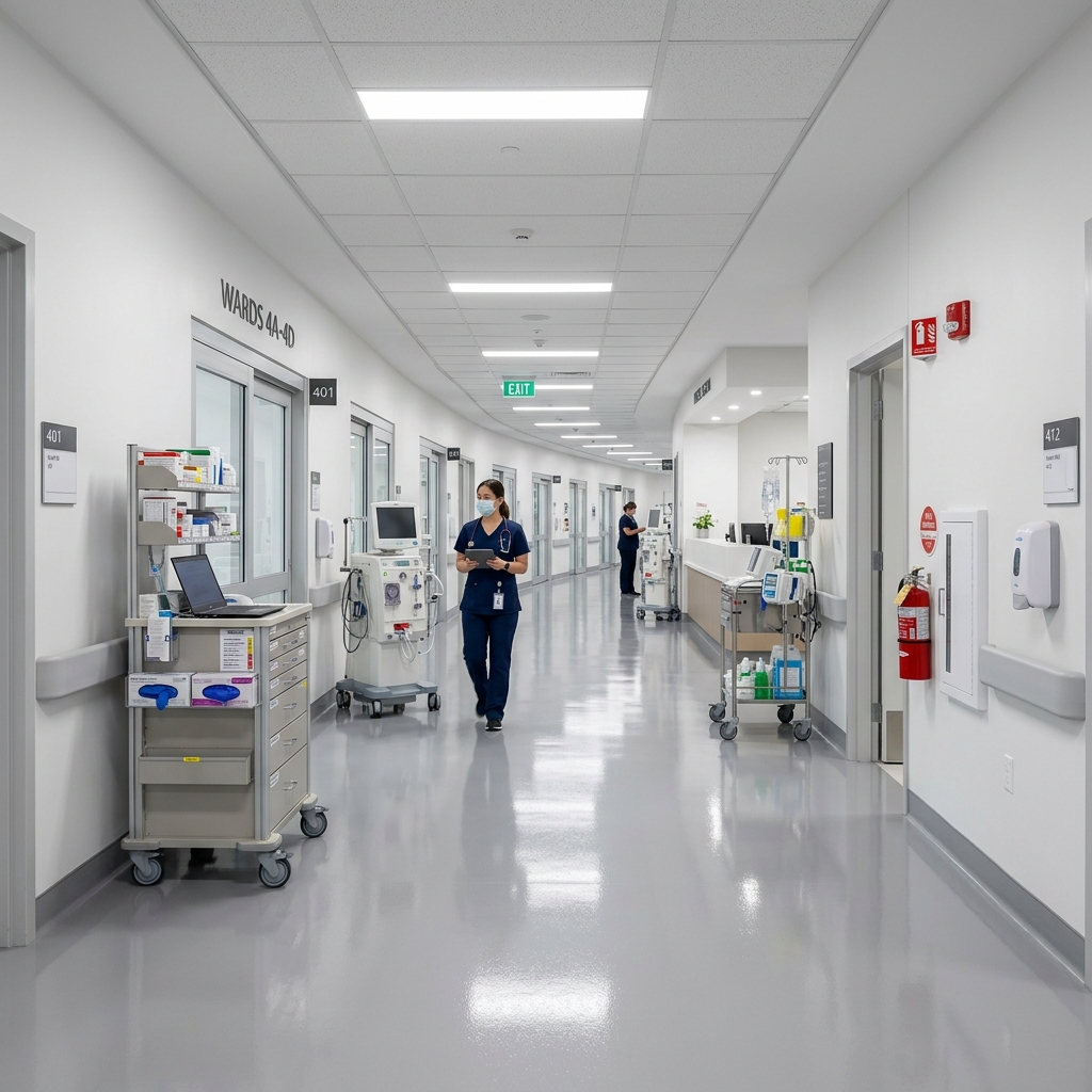 Hospital corridor with polished healthcare-grade floor coating