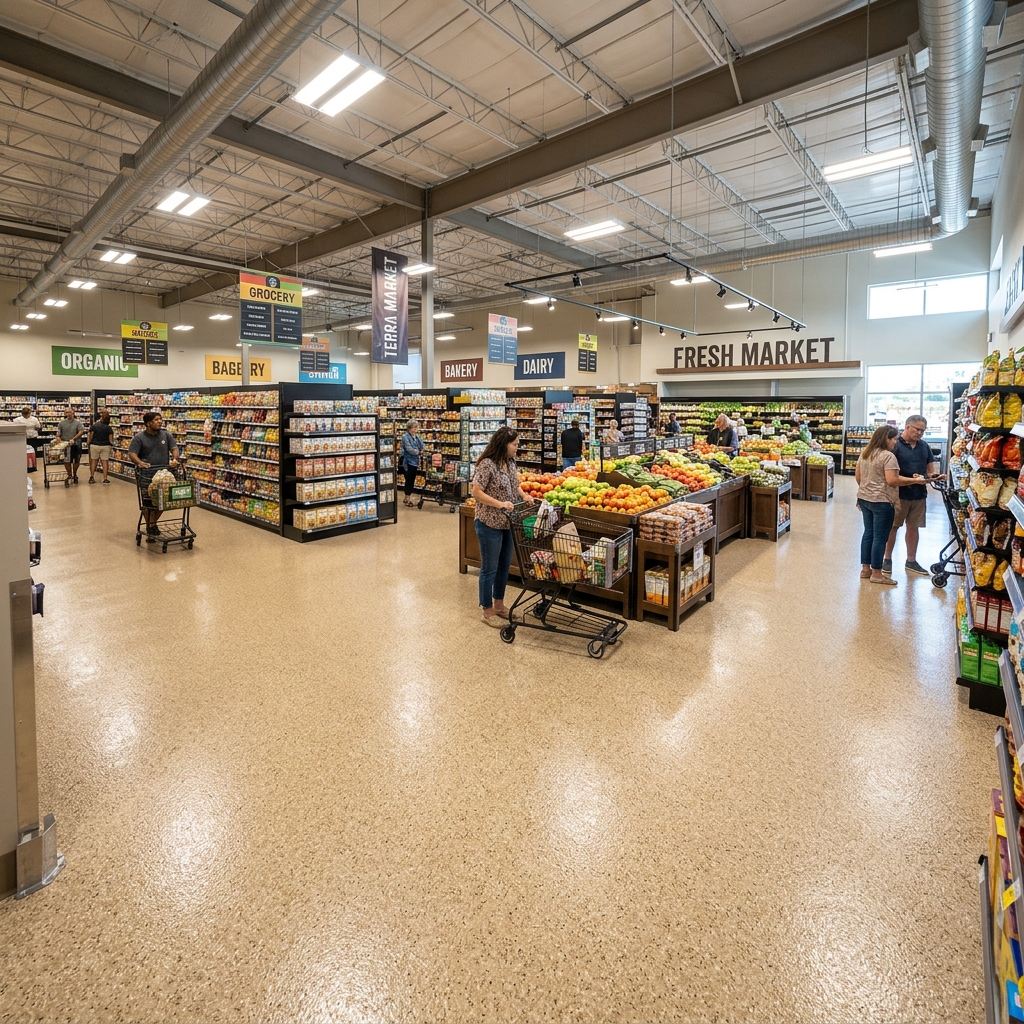 Retail store with decorative vinyl flake epoxy floor