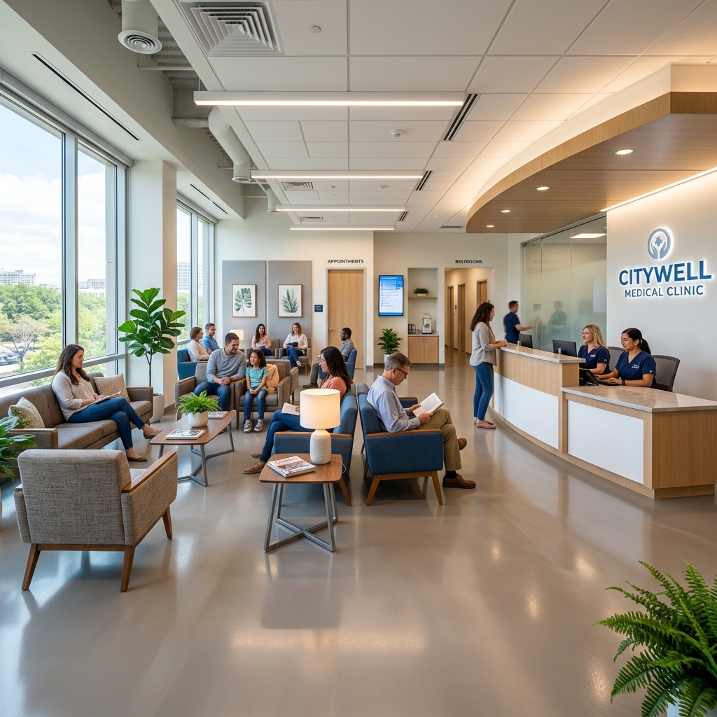 Medical clinic waiting room with seamless polished floor