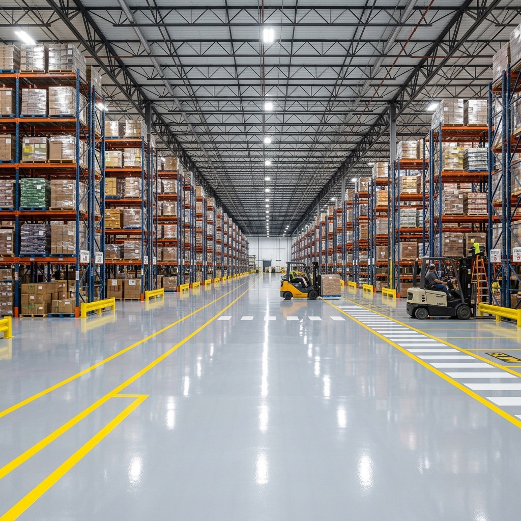 Warehouse floor with forklift lanes and pallet racking