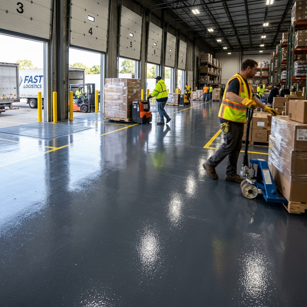Distribution center loading dock with coated concrete floor