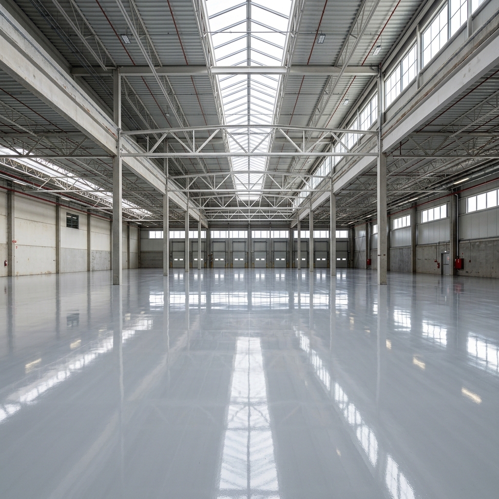 Empty warehouse with high-gloss polyaspartic floor coating